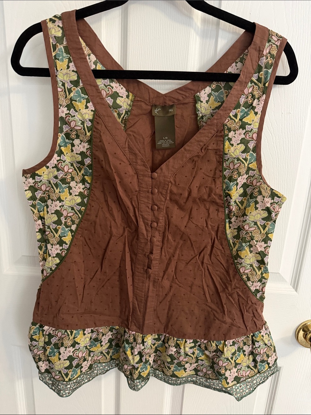 Anthropologie Brown Floral-Trim Sleeveless Button Tank